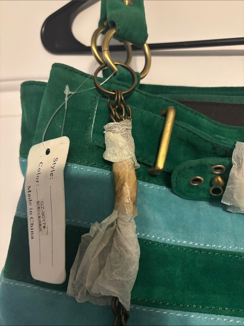 Green & Teal Striped Suede Tote Bag - Picture 4 of 11